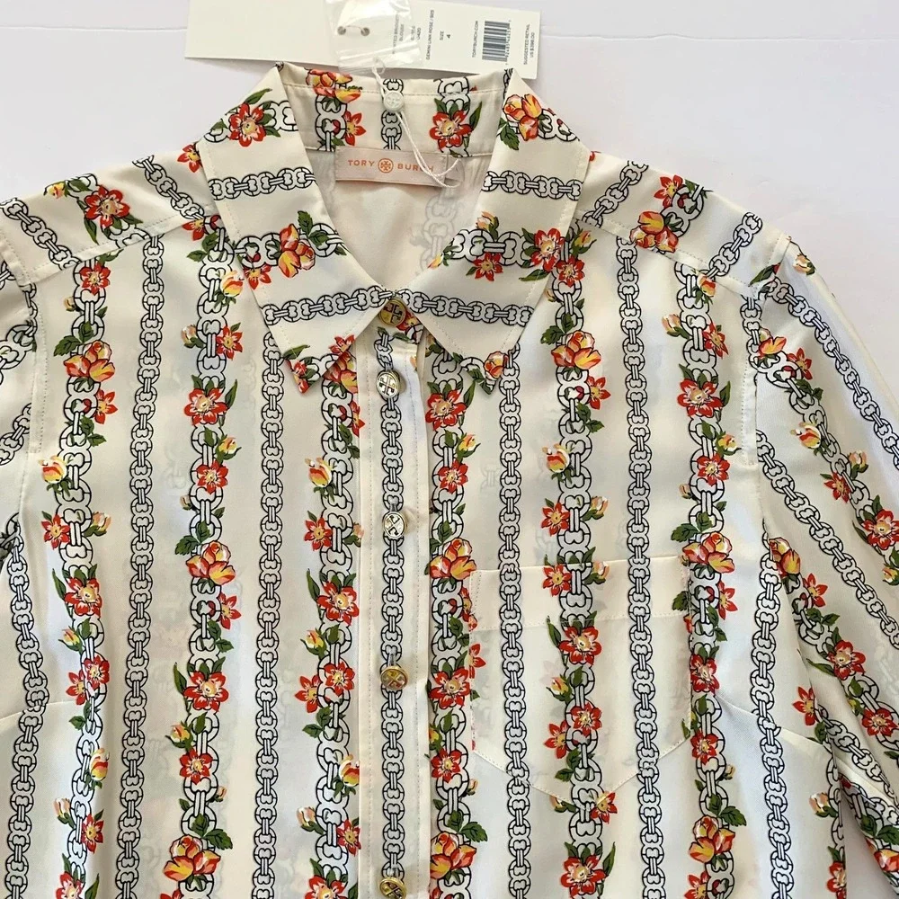 NWT Tory Burch Bridgette Silk Blouse Shirt Gemini Link Rose sz 4 $398 Floral Geo
